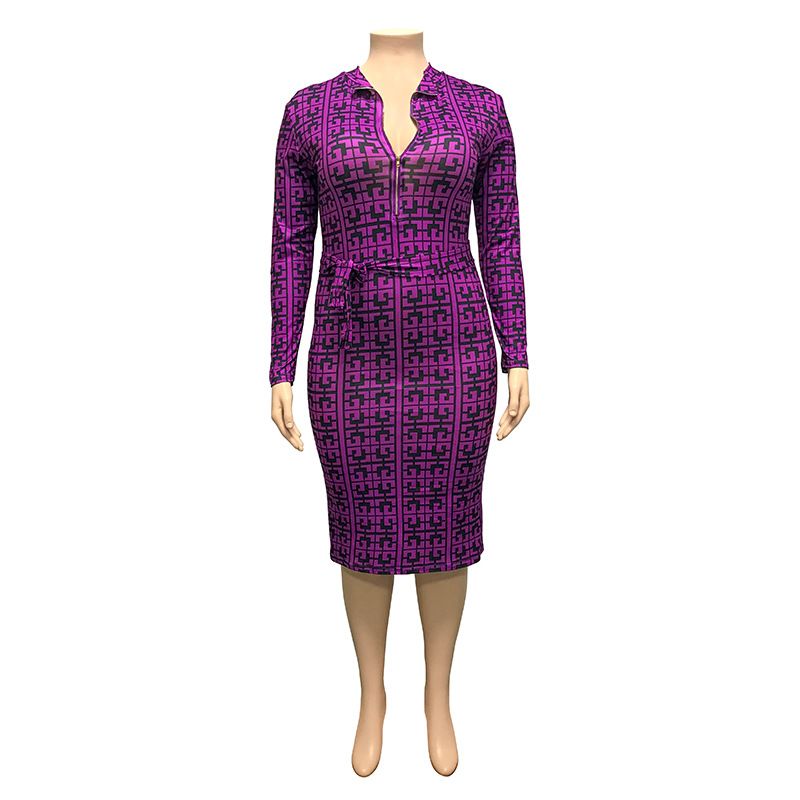Bodycon Dress Fashion Commute Round Neck Printing Long Sleeve Monogram Knee-length Street_voghion.com