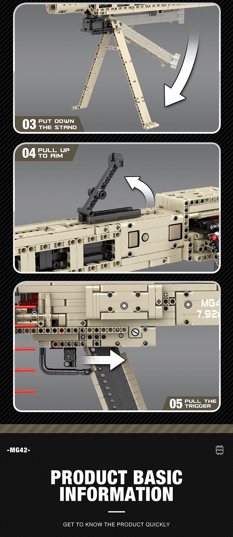 Bouwbaar machinegeweer 77006MG-42 - DIY schietsteenmodel voor jongens, STEM-speelgoed met meer dan 800 ABS-blokken, werkt op batterijen_voghion.com