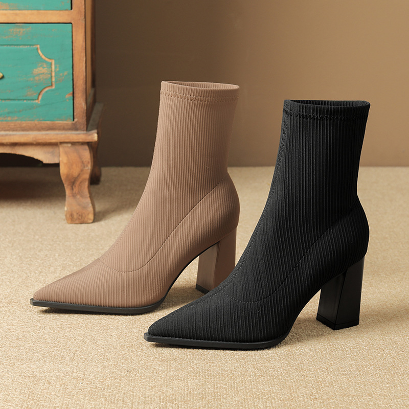 Suitable For All Seasons 3368-1 Knitted Sock Boots For Women, Chunky Heel, Pointed Toe, Petite High Heel Ankle Stretch Slim Boots, 2024 Autumn_voghion.com