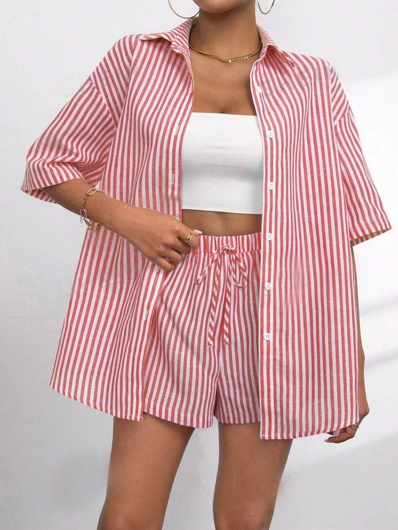 Abbigliamento da donna, nuovo stile, pantaloncini a righe con risvolto e maniche corte, casual, due pezzi, completo da donna_voghion.com