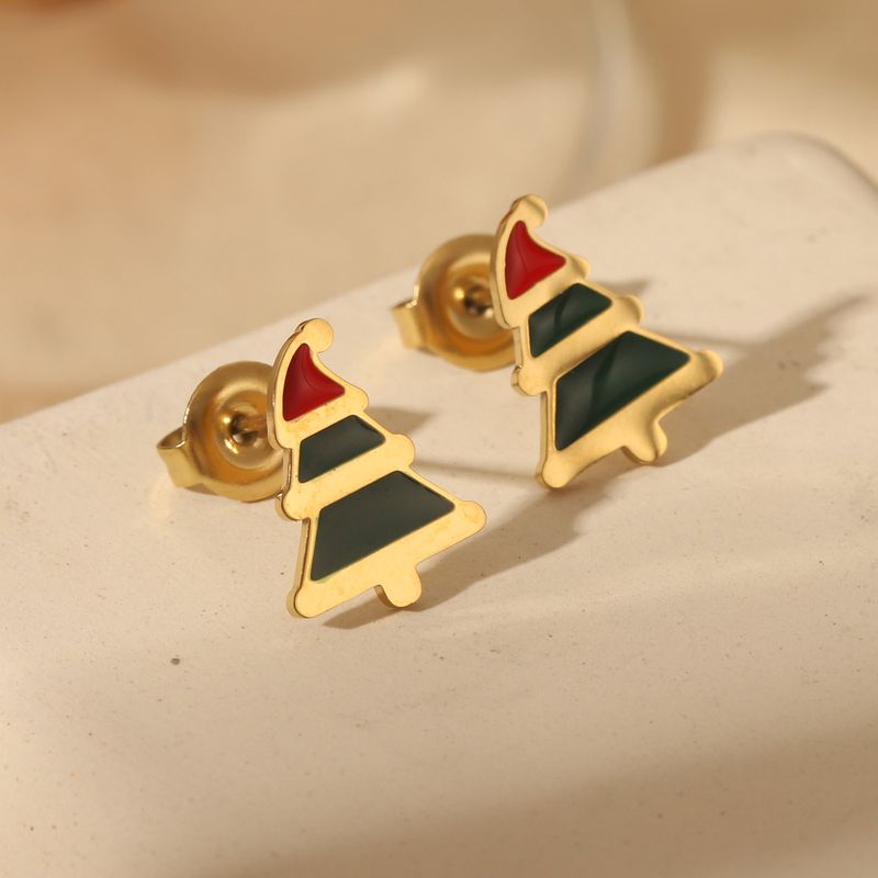 1 Paar süße, schlichte Weihnachtsohrstecker mit Weihnachtsbaum, Weihnachtsmann, Emaille, 304 Edelstahl, Zirkonia, 14 Karat vergoldet_voghion.com