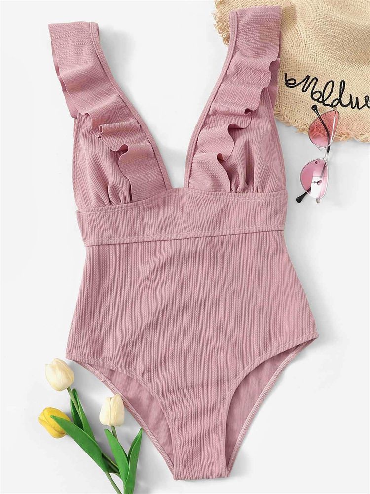 Maillot de bain une pièce à volants pour femme, couleur unie, multicolore, rayé, sexy_voghion.com