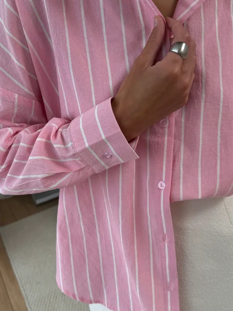 Chemise d'été à manches longues et rayures pour femme – Polyester léger, coupe ample, col polo, motif 3D, tenue décontractée et de bureau (bleu/rose/gris)_voghion.com