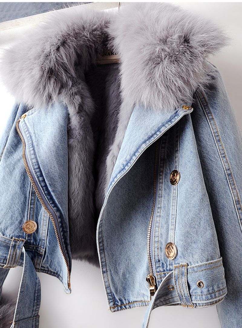 Giacca corta da donna in denim di piccole dimensioni, alla moda, con collo in pelliccia di volpe e fodera in pelliccia di coniglio, stile autunno e inverno_voghion.com