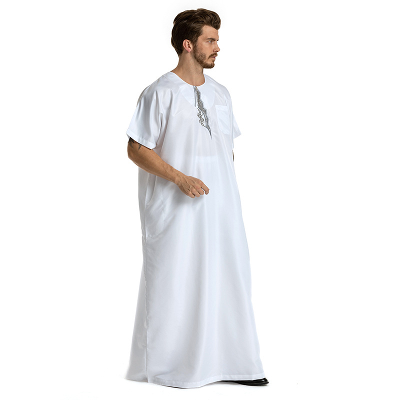 Männerkleeder muslimesch Männerkleed mat gesticktem kuerzen Ärmelen, Ronnhalsmantel fir Männer_voghion.com