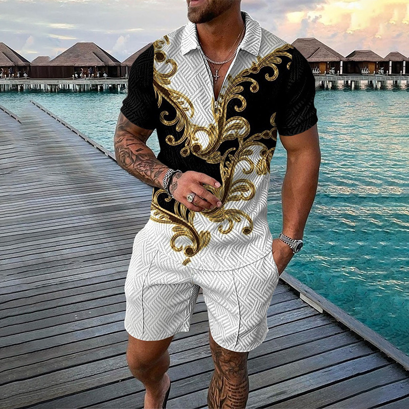 Vêtements pour hommes, costume décontracté à la mode, imprimé en 3D, fermeture éclair, manches courtes, polo, short, ensemble 2 pièces_voghion.com