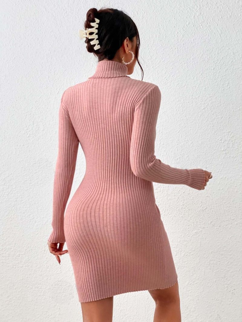 Abito midi in maglia a coste da donna – Abito attillato aderente con collo alto e maniche lunghe (nero/rosa/crema/arancione/rosso)_voghion.com