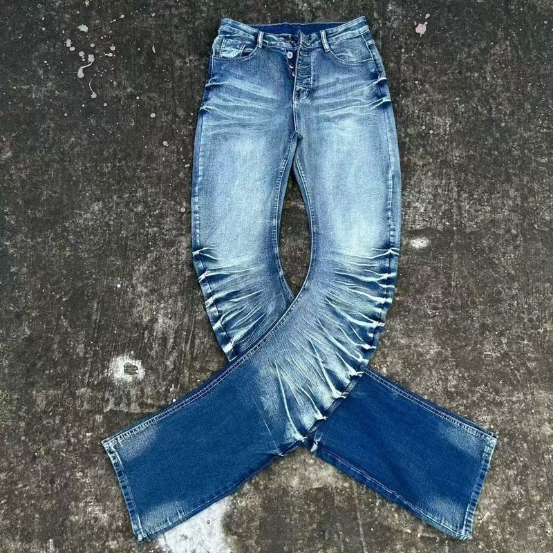 Herrenbekleidung High Street Retro Vintage Buttoned Plissee Scimitar Jeans Herren Straight Slim Casual Pile Pants_voghion.com