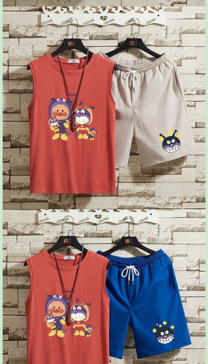 Top Set: Superman Sleeveless Men's Summer Vest, Shoulder T-shirt, Casual Sports Five Part Pants, Two Piece Set, 12_voghion.com