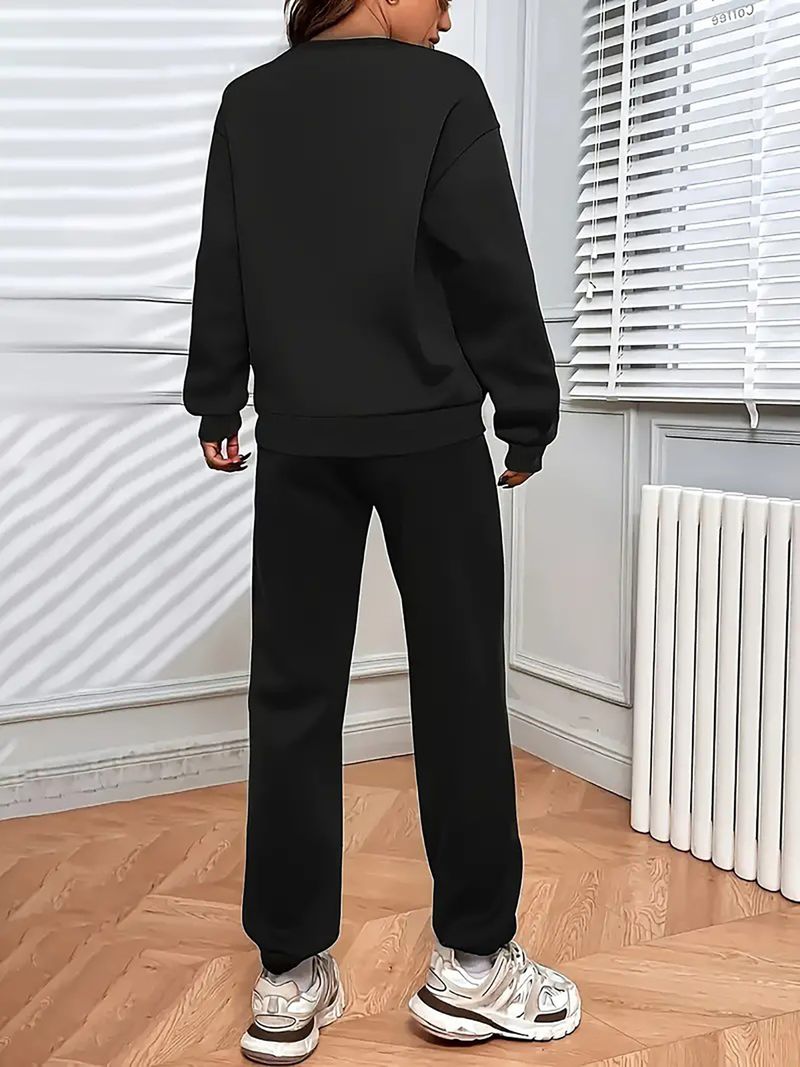 Conjunto de sudadera y jogger con forro polar para mujer, ropa urbana con estampado geométrico, dos piezas acogedoras para el invierno (negro)_voghion.com