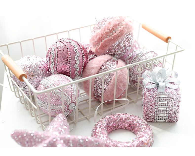 Christmas Pink Ball Ornaments Set - Foam Decorative Hanging Balls For Tree DIY Holiday Decorations With Bow Star Beads & Glitter (6 Styles)_voghion.com