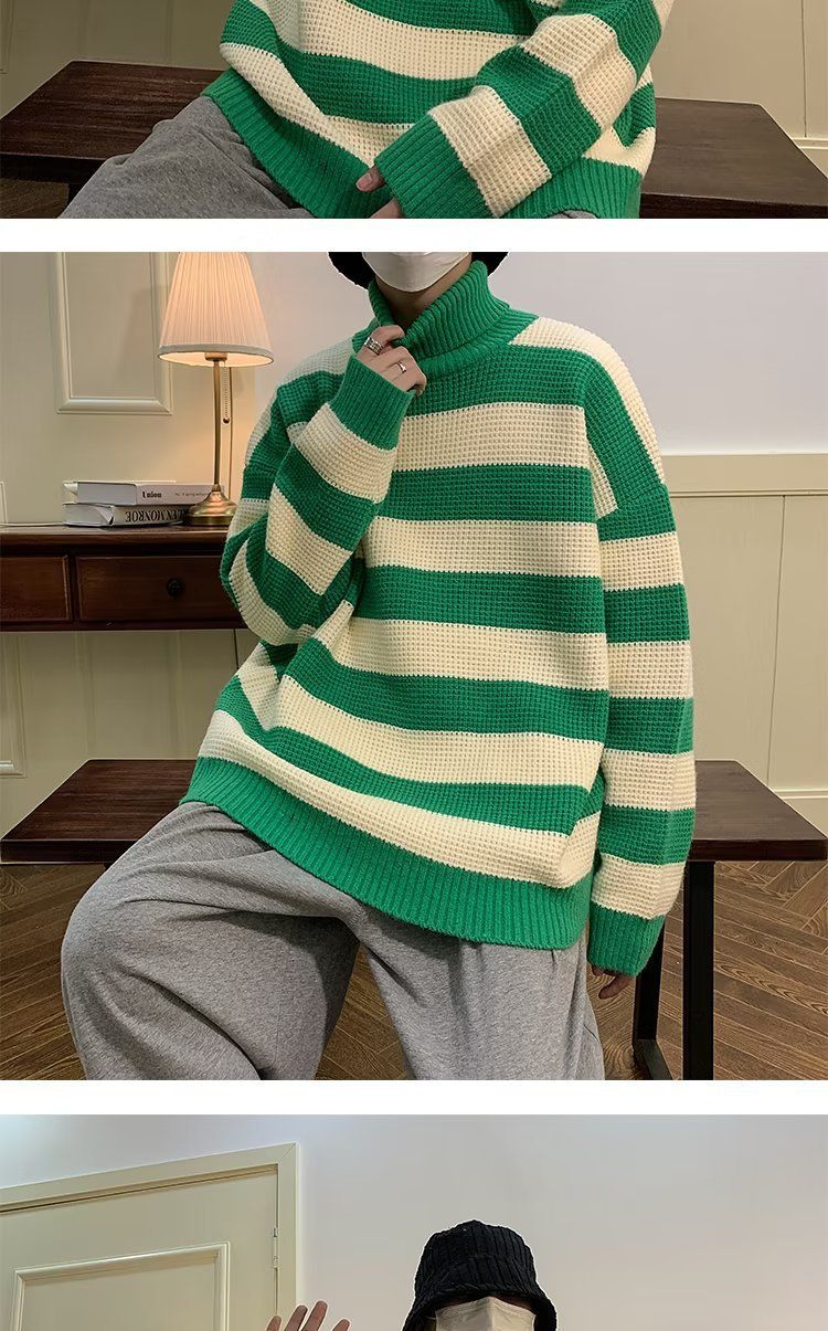 Maglione a collo alto a righe bianche e nere per uomo, stile retrò giapponese, pigro e di alta qualità. Maglione lavorato a maglia con inserti a contrasto_voghion.com