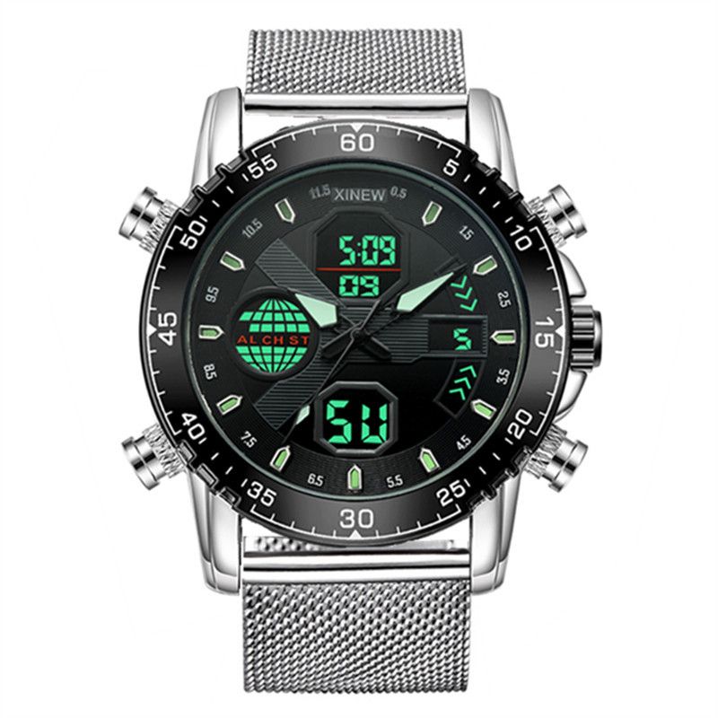 Orologio sportivo multifunzione da uomo in acciaio inossidabile con display digitale, GMT, sveglia e calendario - Cassa in lega resistente, resistente all'acqua_voghion.com