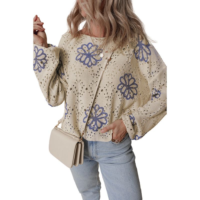 2025 Winter New Floral Print Short Fashionable And Unique Hollow Out Drop Shoulder Knitted Sweater For Women_voghion.com