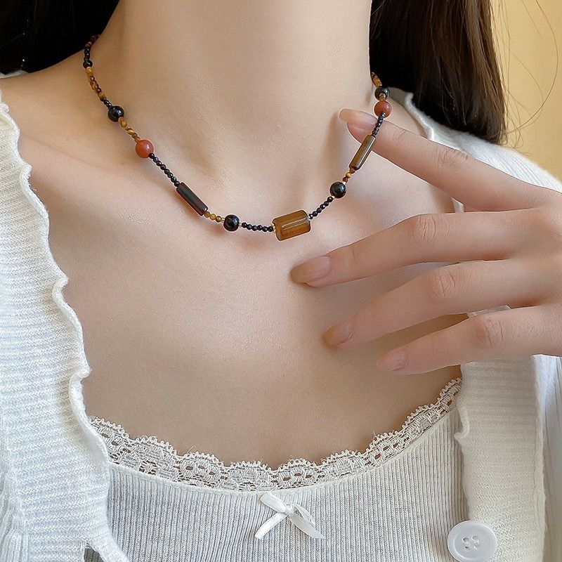 Collana con perline in pietra occhio di tigre retrò da donna, girocollo a strati con perline quadrate geometriche, pezzo importante in pietra preziosa naturale marrone resistente allo sbiadimento_voghion.com