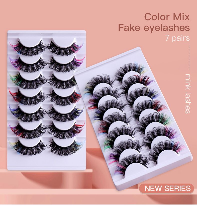 7 - Pair Set Of Colored Faux Mink False Eyelashes - Natural, Multi - Layered, Stereoscopic & Dense_voghion.com