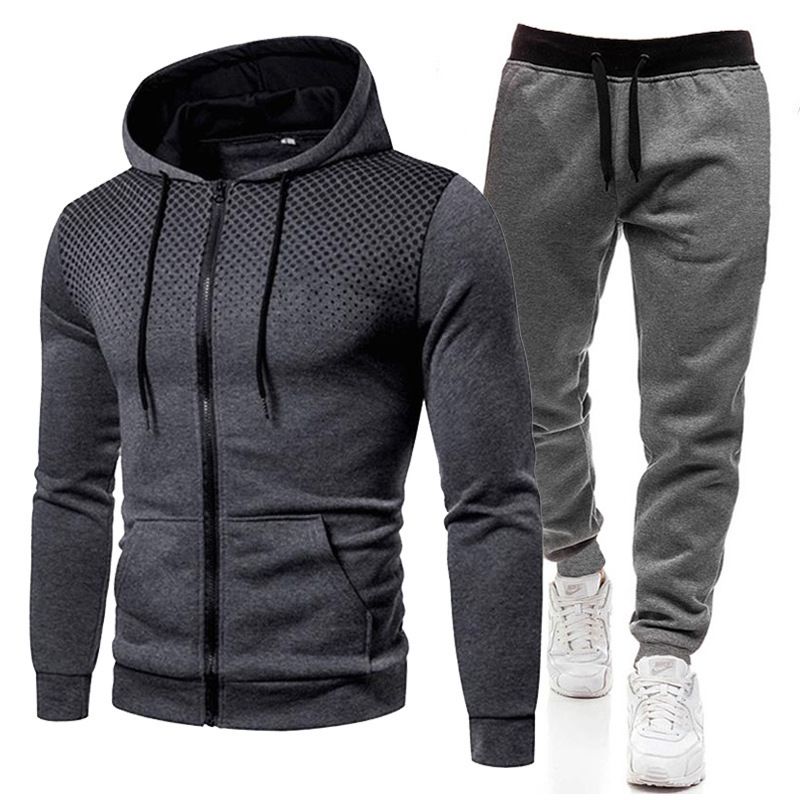 Autumn Winter Fleece Polka Unisex Sports Hoodie Dot Men Solid Color Zipper Sweatshirt Sweatpants Set_voghion.com