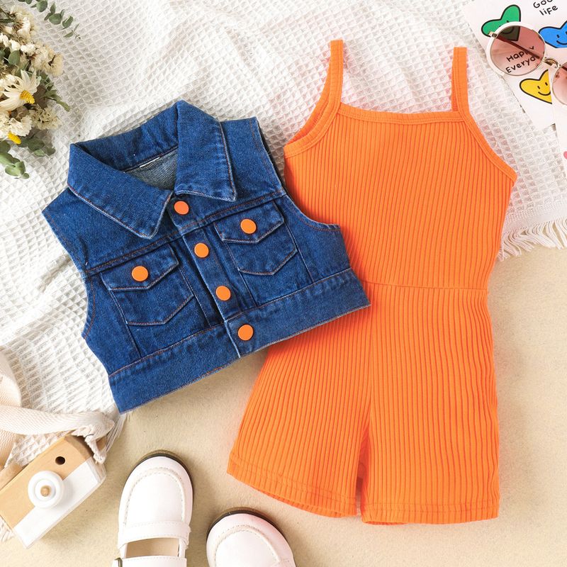 Treasure Salary Children's Fashion Summer Small and Medium Girls Solid Color Pit Stripe jumpsuit+Cowboy Vest Set_voghion.com