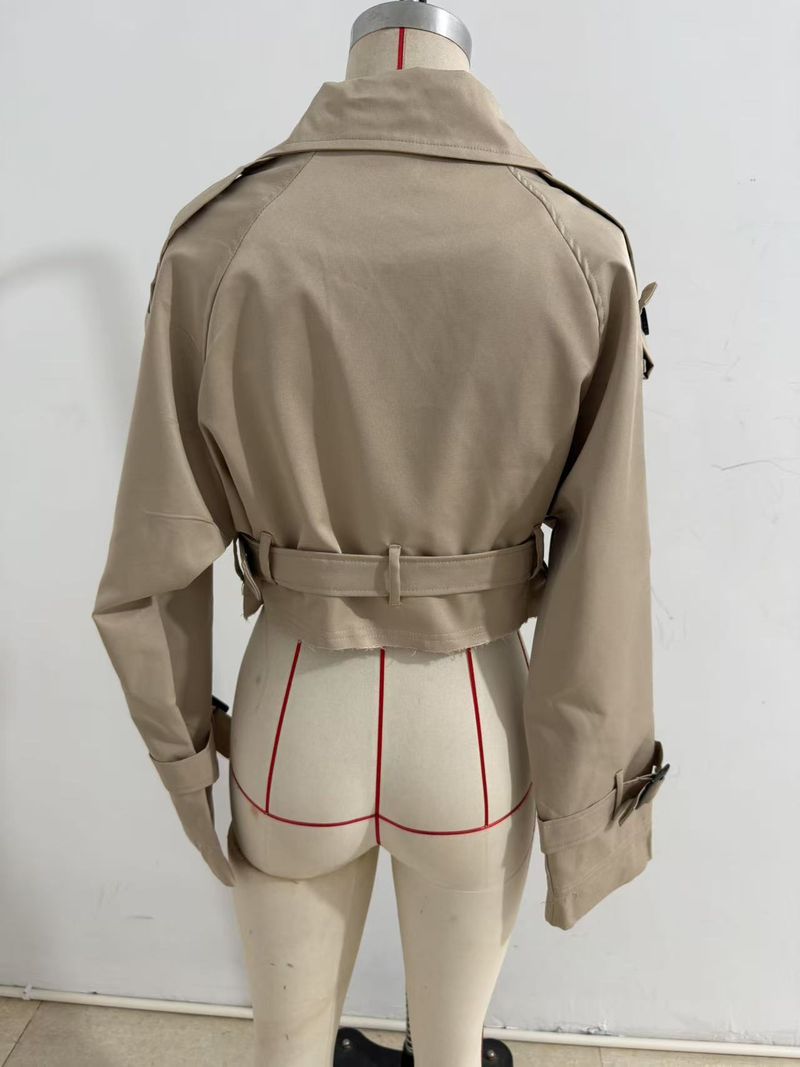 Trench corto a maniche lunghe in stile britannico con scollo a V a due bottoni in pizzo antivento, versatile alla moda_voghion.com
