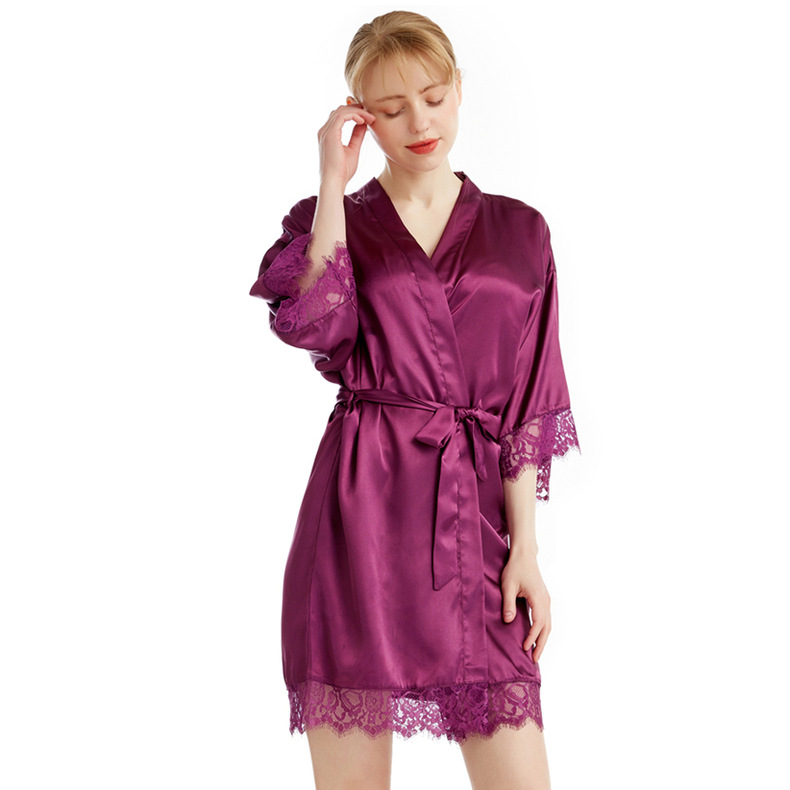 Ropa interior con mangas de encaje sexy de color sólido para el hogar, bata de baño de verano para mujer, cárdigan de seda, vestido de boda_voghion.com