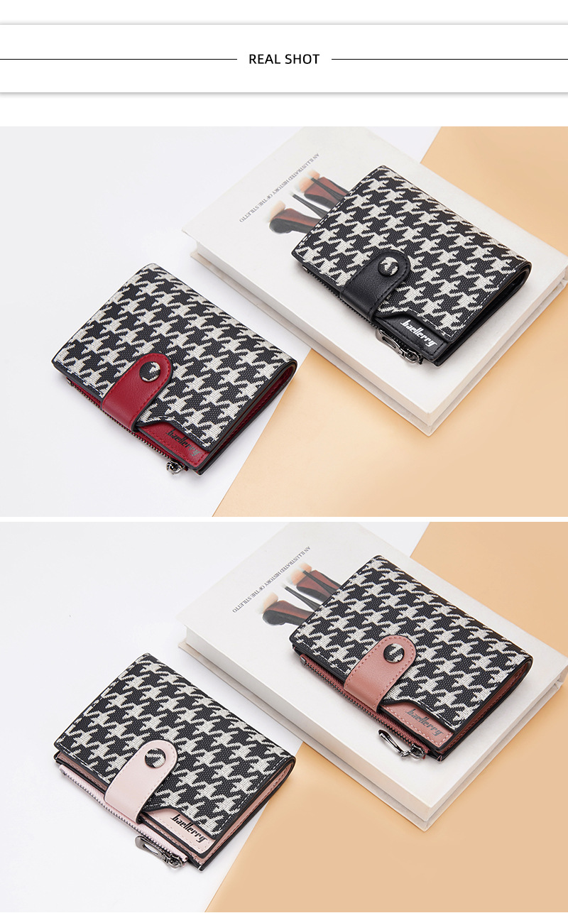 Baellerry Ny Pung Dame Kort Koreansk Stil Houndstooth Kontrast Multi-kort Lynlås Møntpung Korttaske_voghion.com