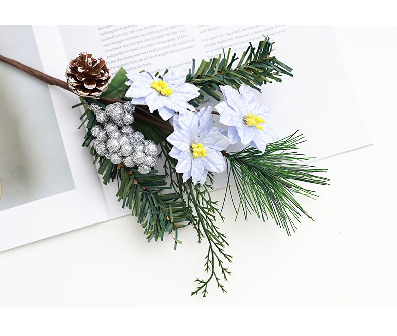 Weihnachts-Tannennadel-Schnittblumen-Simulation, grüne Pflanze, rote Beeren, Tannenzapfen, DIY, handgefertigte Dekorationen können verpackt werden_voghion.com