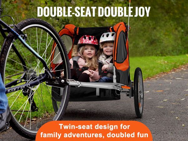 VEVOR Bike Trailer For Toddlers, Kids, Double Seat, 100 Lbs Load, 2-In-1 Canopy Carrier Converts To Stroller, Tow Behind Foldable Child Bicycle Trailer With Universal Bicycle Coupler, Orange And Gray_voghion.com