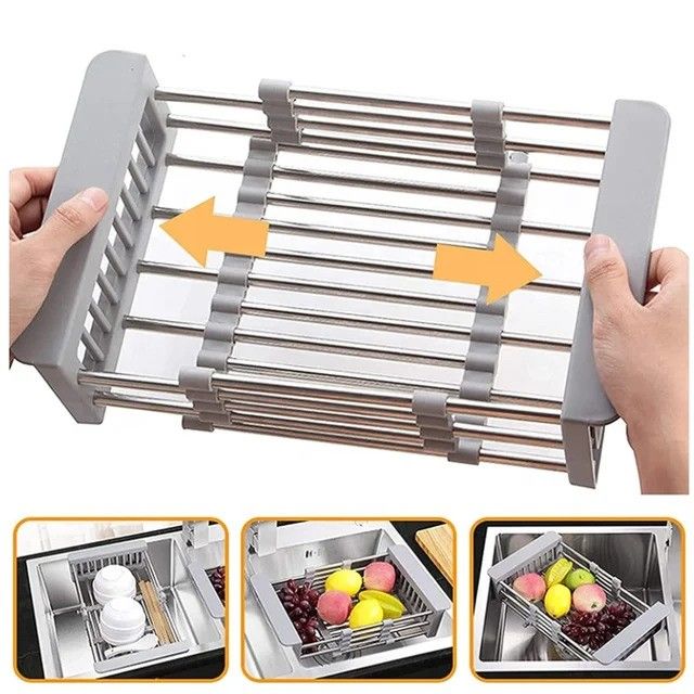 Adjustable Over-The-Sink Dish Drying Rack with Stainless Steel Drain Basket - Portable & Telescopic Space-Saving Solution for fruit vegetable_voghion.com