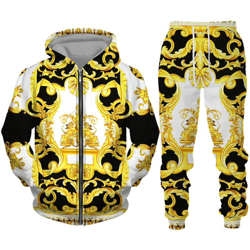 New Luxury 3D Printed Couple Zipper Guards 2-piece Sports Set with Fashionable Gold Flower Pattern_voghion.com