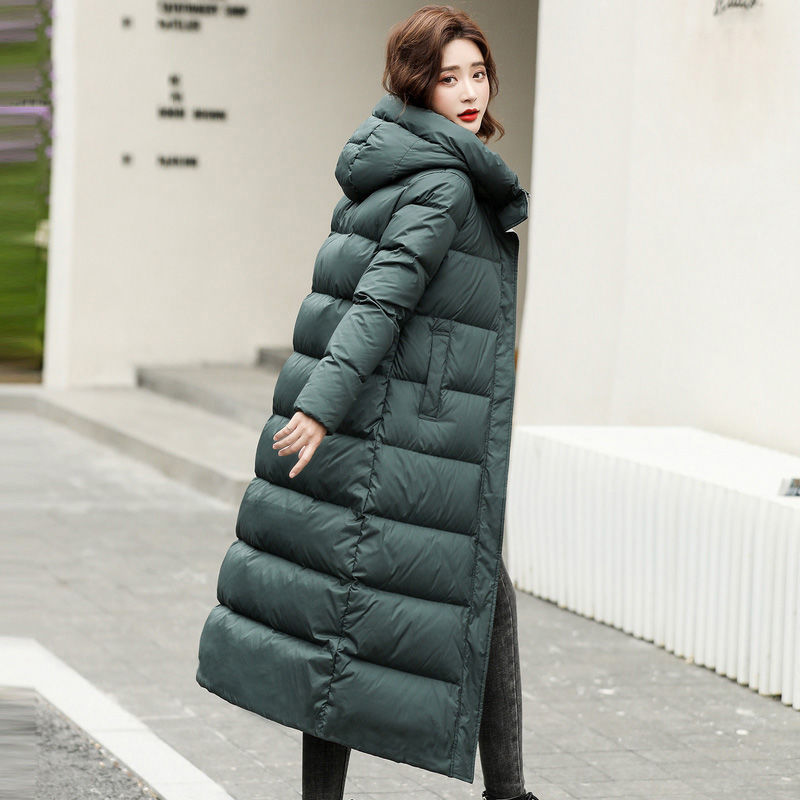 Cappotto da donna in piumino di cotone nero lucido, cappotto lungo in cotone sciolto ispessito al ginocchio_voghion.com