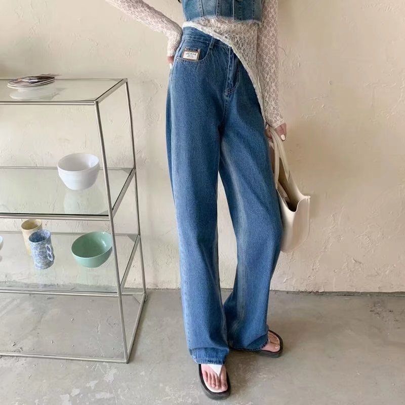 Amerikanesch Stil pummeleg MM Plus Size Jeans fir Fraen am Fréijoer an Hierscht, héich Taille, schlank Gradient riicht breet Been_voghion.com