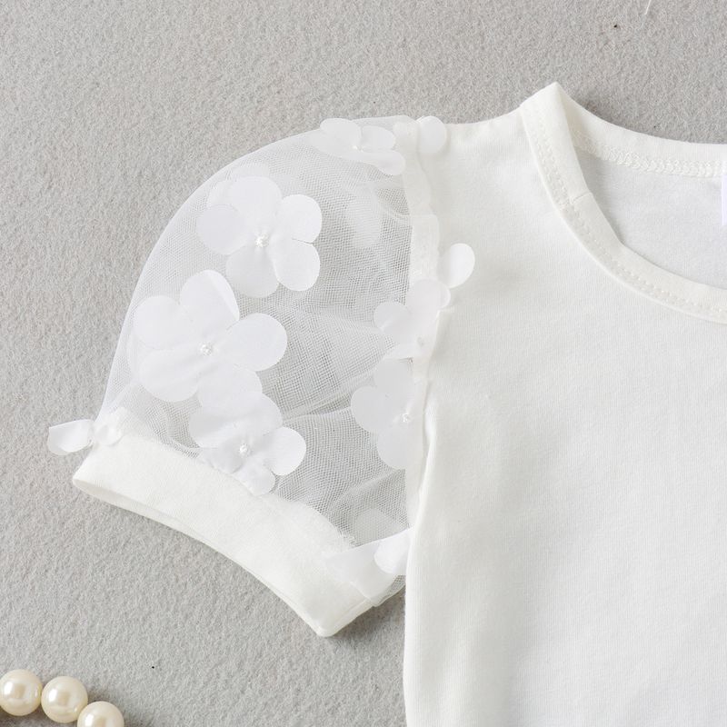 2024 children's clothing spring/summer pit stripe patchwork flower mesh sleeved top irregular short skirt girl set_voghion.com