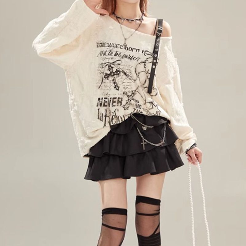 Schulterfreies Blusenoberteil im Wasteland-Stil mit Hot Girl-Aufdruck für Damen, locker sitzendes, lässiges Langarm-T-Shirt im Used-Look,_voghion.com