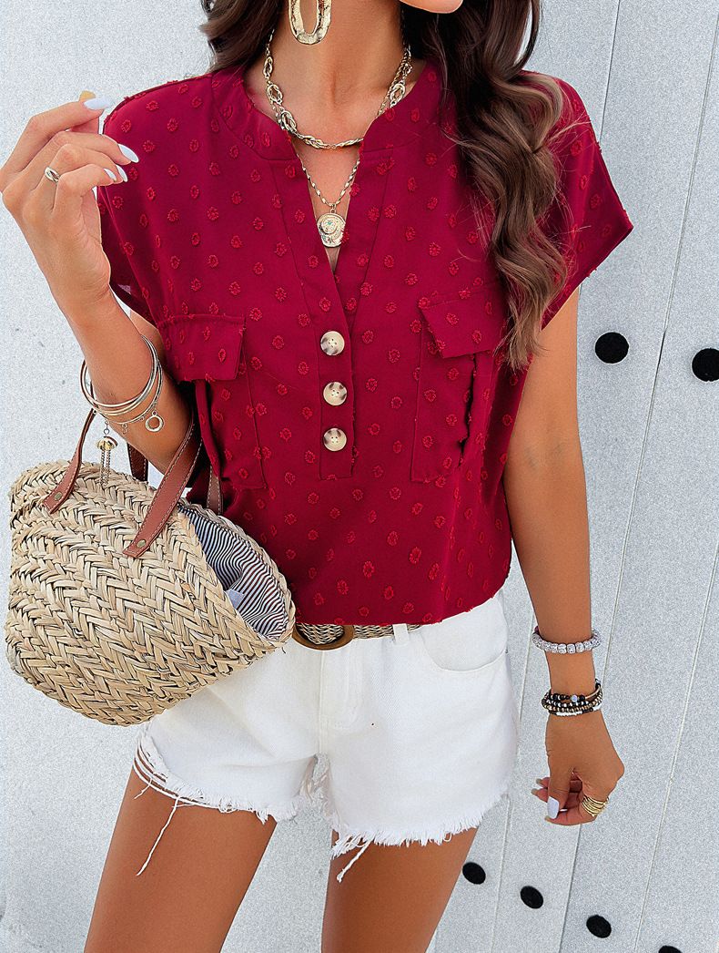 Maglietta casual con scollo a V dal temperamento da donna_voghion.com