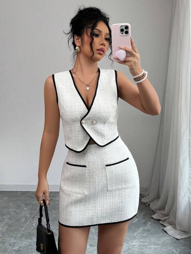 Women's Clothing Elegant Sleeveless Vest Top Skirt Two Piece Set_voghion.com