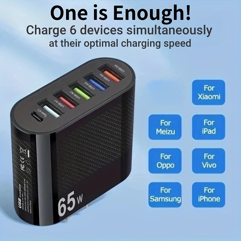 Universele 65W 6-poorten snel opladen PD-wandladers Snel opladen, USB-C-reisadapter met meerdere poorten voor_voghion.com