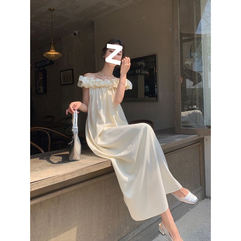 Ärmelloses Trägerkleid im französischen Stil, locker, elegant, für den Urlaub, einfarbig, schlankmachend, neu, Apricot, Pendler, langes Kleid_voghion.com