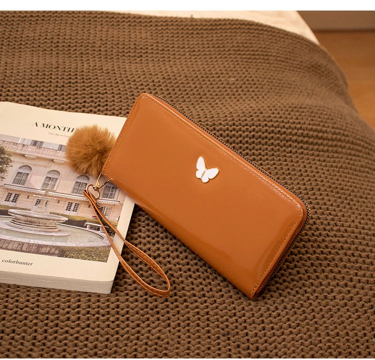 Glanzende portemonnee met strik en pompon voor dames - portemonnee met meerdere vakken en polsbandje (modieuze clutch voor dames)_voghion.com