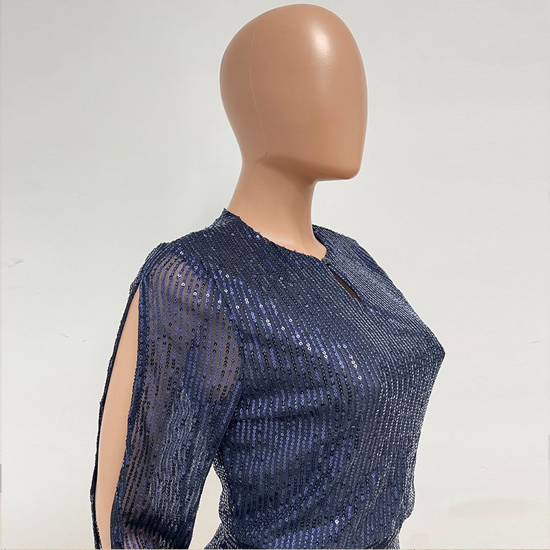 Damkläder jumpsuit mode smal långärmad slits paljettjumpsuit_voghion.com