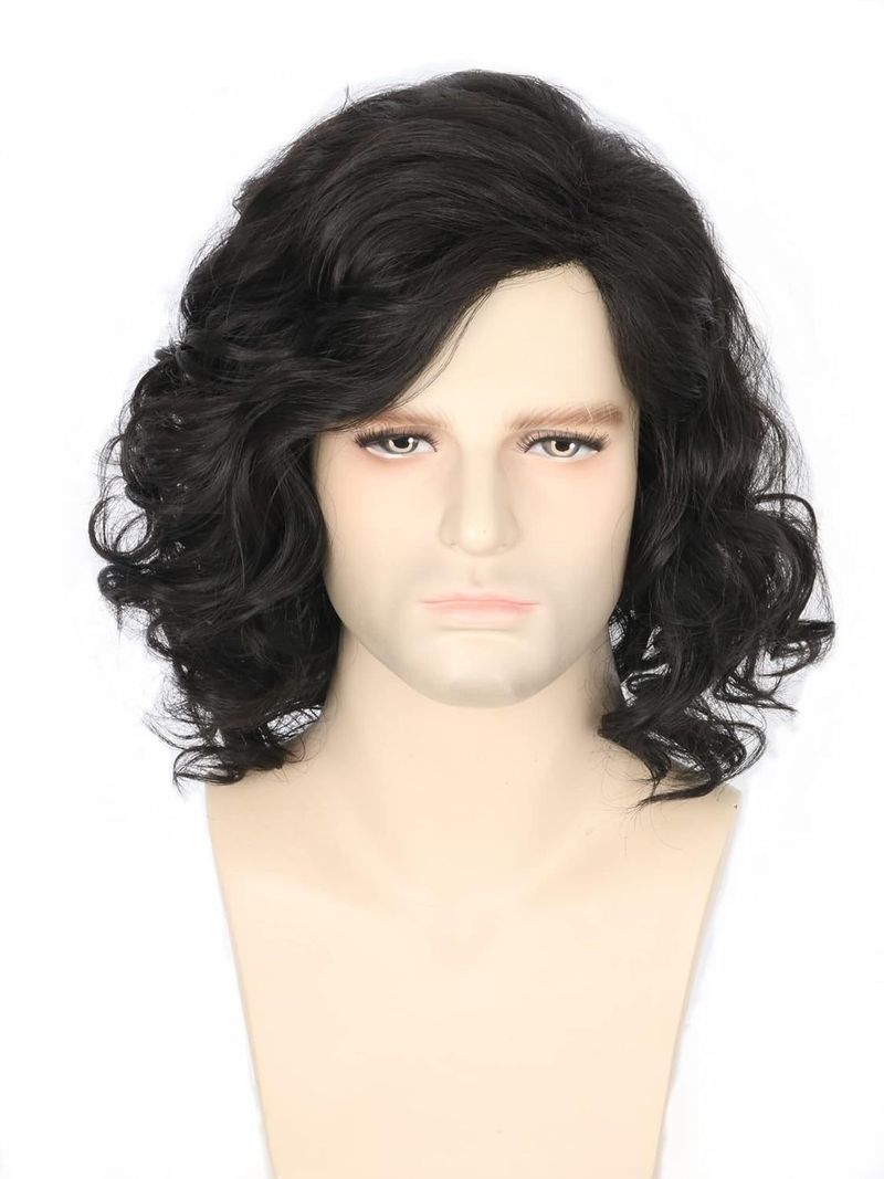Peluca sintética con clip para hombre, nueva, negra, esponjosa, corta, rizada, con flequillo lateral y fibra química._voghion.com