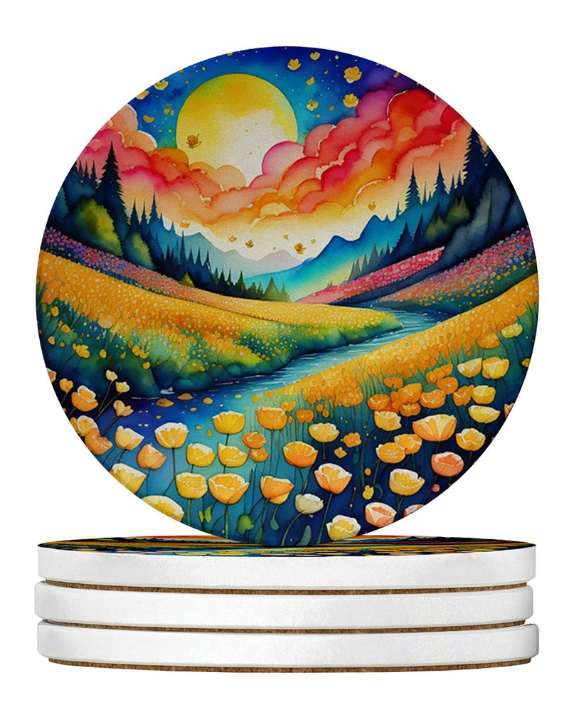 Colorful Buttercups Large Sandstone Coasters Pack Of 4 Absorbent Round Coasters Decor Gifts For Men Or Women, 4 In, Multicolor_voghion.com