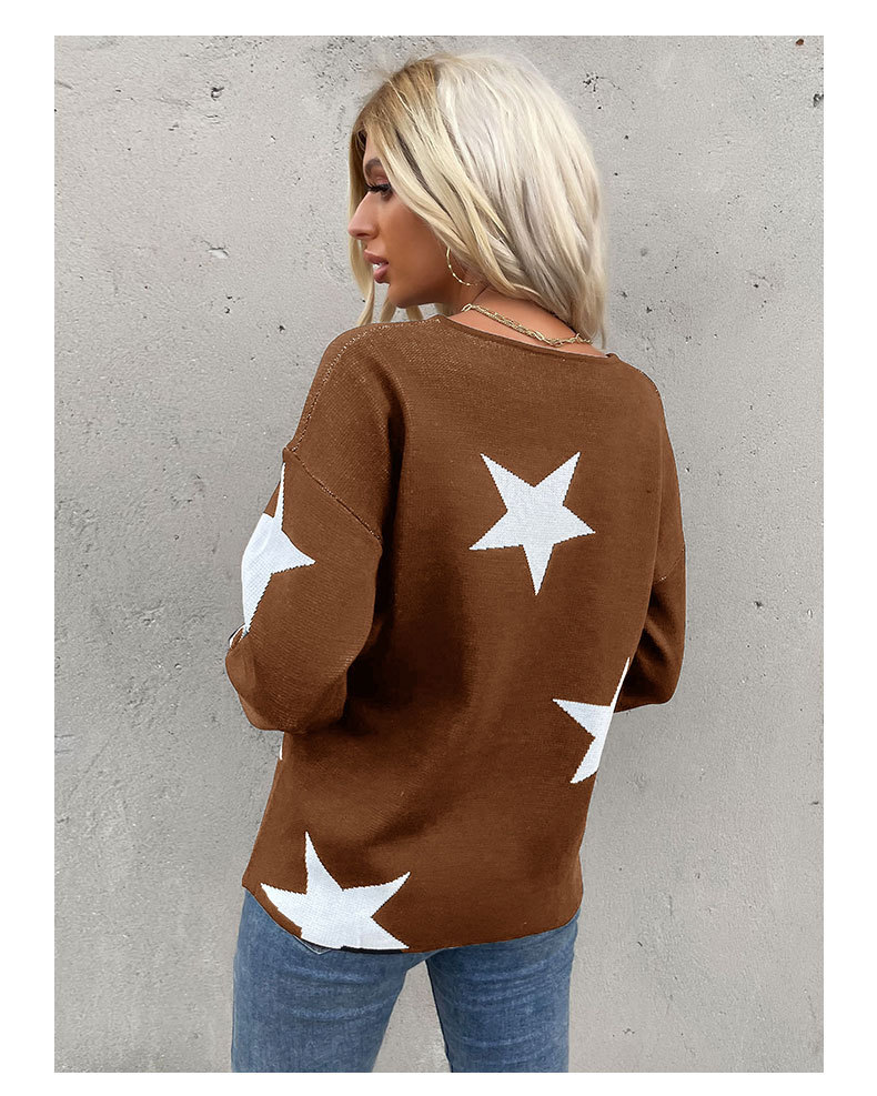 Damenbekleidung unabhängiger Herbst Neuankömmling fünfzackiger Stern Rundhals Langarm-Strickpullover für Damen_voghion.com