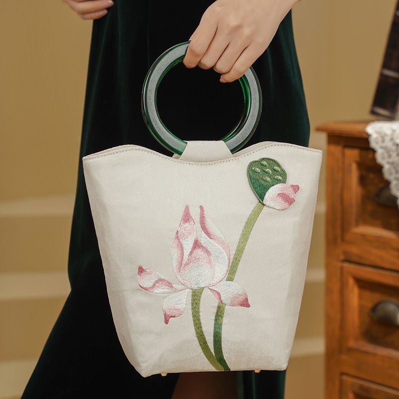 Windgeblasene Halbsommer-Lotus-Liebe im antiken Stil, Cheongsam, Bankett-Handtasche, bestickte Beuteltasche_voghion.com