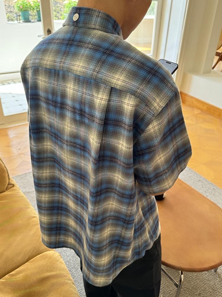 Flanell Blau Kariertes Kurzarmhemd Herren Sommer Kariertes Hemd Jacke_voghion.com