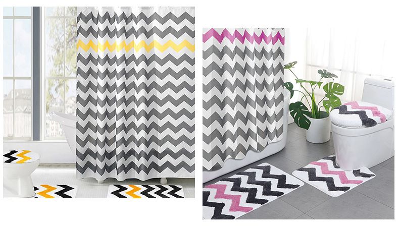 Polyester Bathroom Mat Set - Non-Slip Striped Floor Rug & U-Shaped Toilet Pad, Quick-Dry Modern Design (Wave & Crown Flower Patterns)_voghion.com