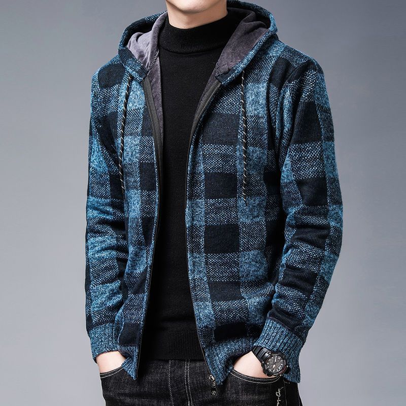 Trui Herfst Winter Mode Casual Geruite Capuchon Fleece Verdikt Heren Losse Pasvorm Plus Size Warme Cardigan_voghion.com