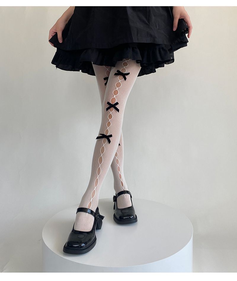 Japansk stil söt flicka rutig sammet handgjord rosett ihåliga hål strumpbyxor vita strumpbyxor_voghion.com