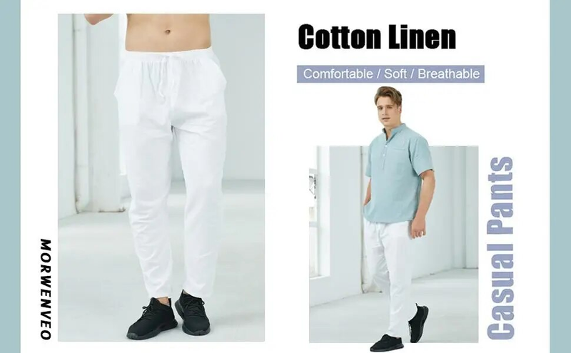 Men's Cotton Loose Spring Casual Pants Male Breathable Solid Color Full Length Drawstring Jogger Yoga Linen Trousers_voghion.com