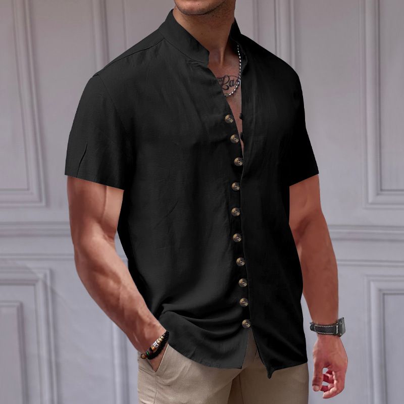 Maglietta da uomo nuova, vintage, in lino, con bottoni, colletto e maniche corte_voghion.com