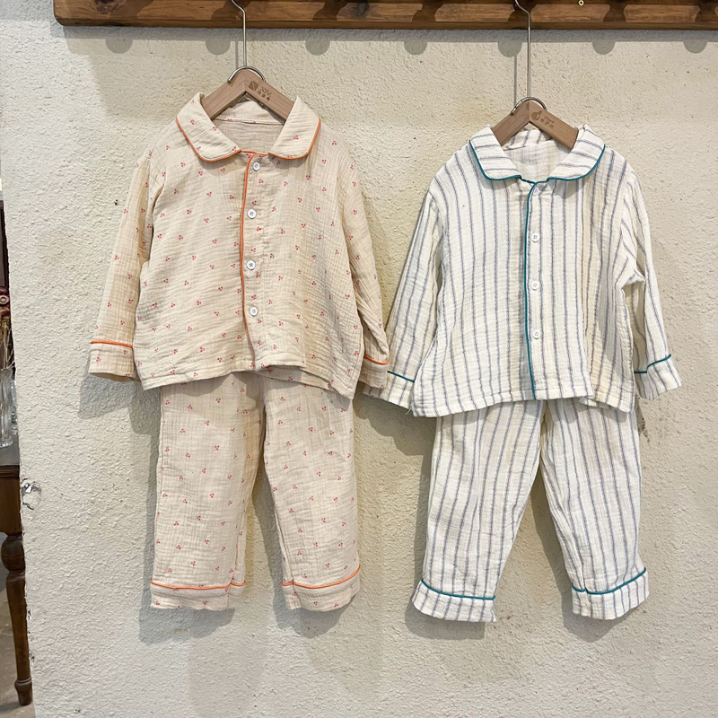 Pijamas para niños, conjunto de manga larga de gasa de algodón para primavera y otoño para niñas y niños, ropa para el hogar_voghion.com